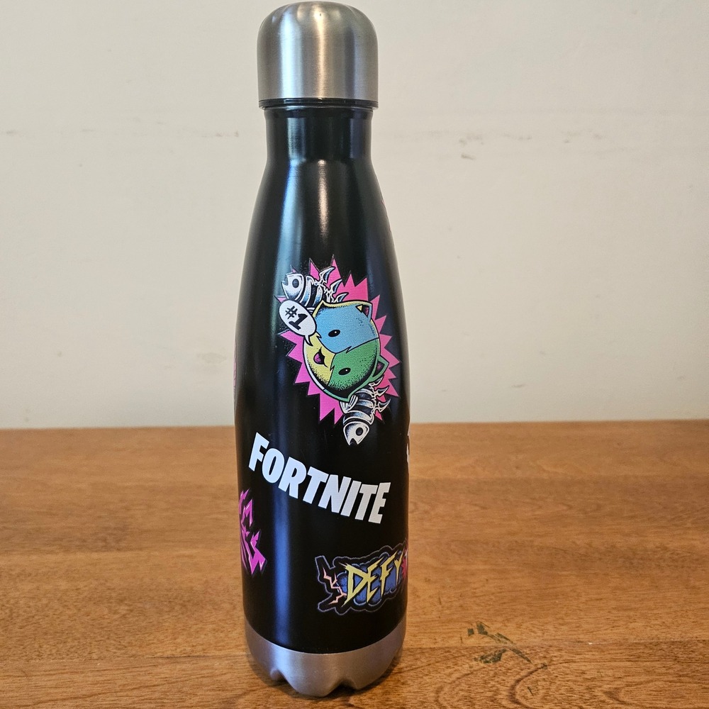 Fortnite Battle Royale Water Bottle Black Stainless Steel Defy The Storm Graphic